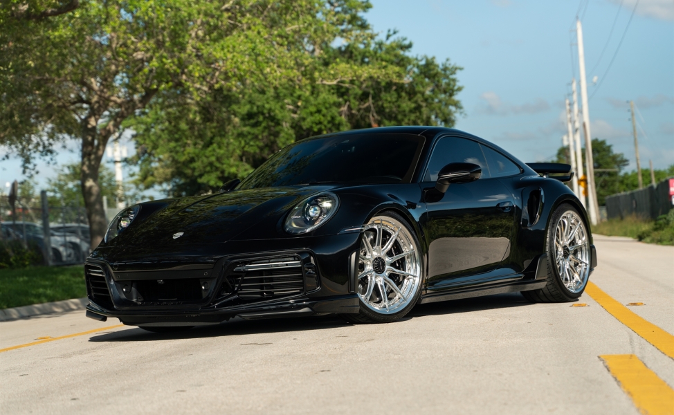 Porsche 992 Turbo S | Jet Black Metallic | on HRE S104SC | Polished Clear | Techart Aero Kit